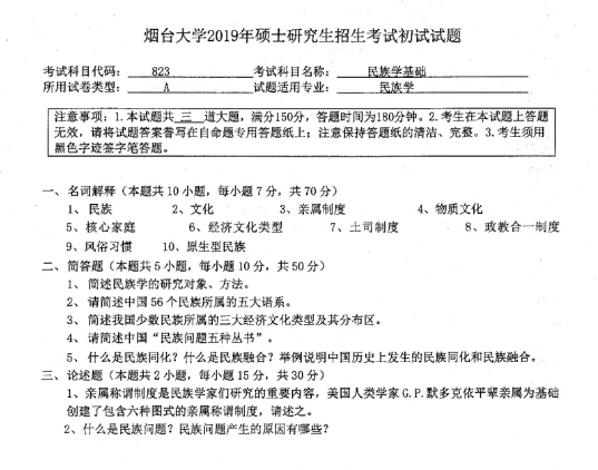 完美体育（中国）官方网站,WANMEI SPORTS真题：2019年烟台完美体育（中国）官方网站,WANMEI SPORTS马克思主义学院硕士研究生招生考试初试自命题-823民族学基础