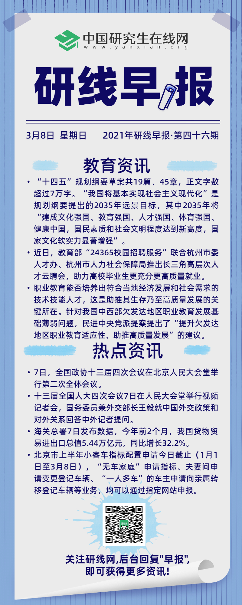 【2021年研线早报·第四十六期】3月8日